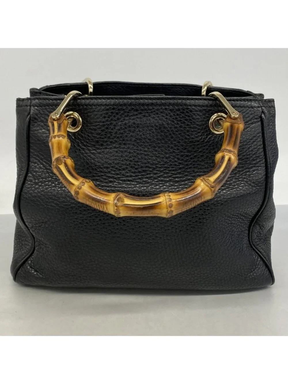 Gucci Handbag Bamboo Leather Black Champagne Gold